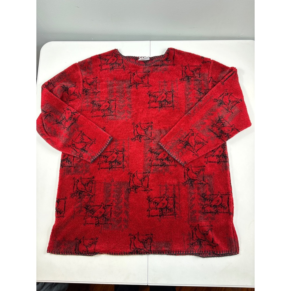Artisans Sunschein Designs XL Red Fleece Cardinal Bird Print Pullover Top Womens